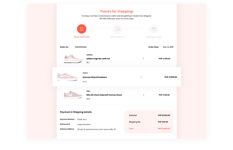 Order confirmation screen example