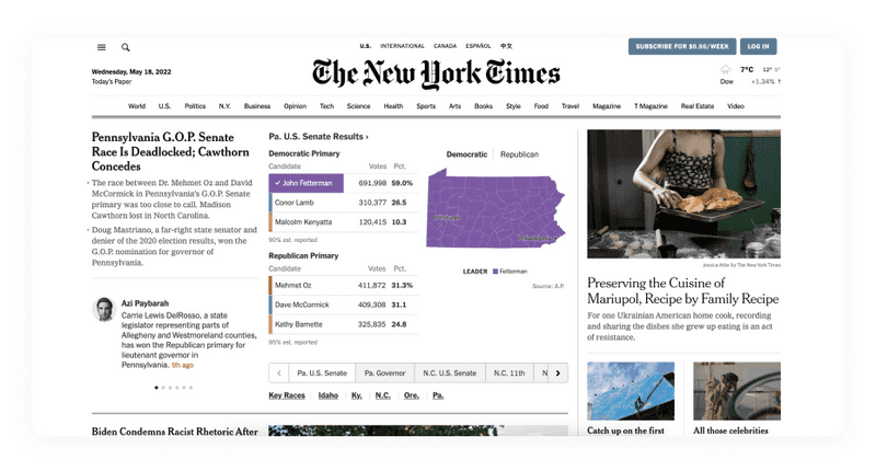 New York Times homepage screen