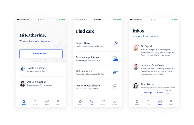 Oscar Health app screens